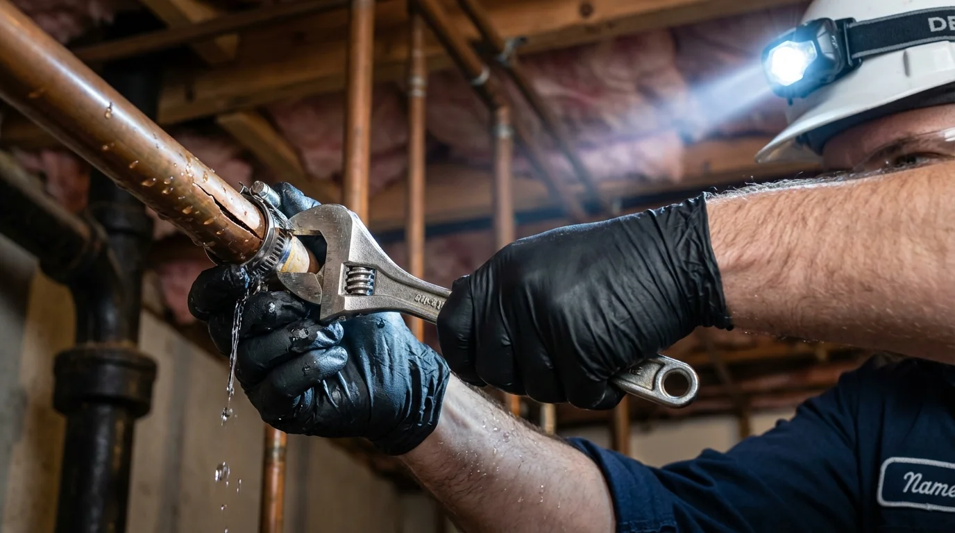 Emergency pipe clamp repair being performed by a Johns Plumbing LLC plumber in Ardmore