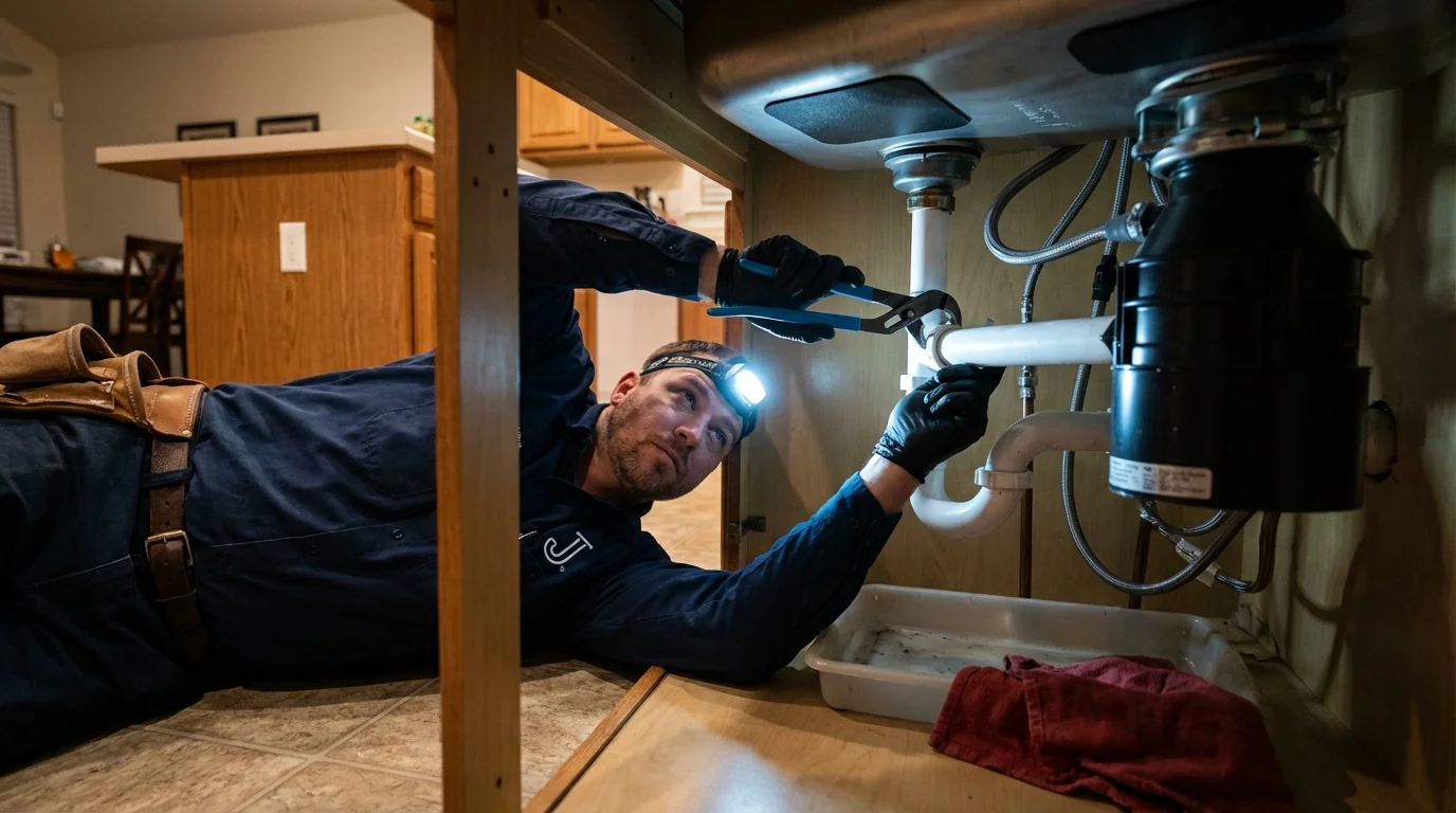 P-trap and supply line connections under a kitchen sink showing a common leak point in Ardmore, TN